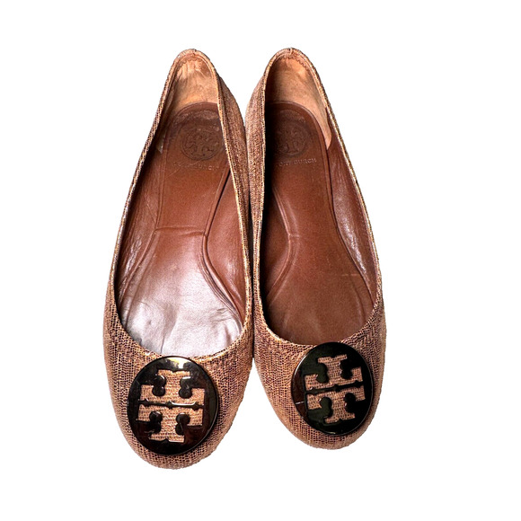 Tory Burch Reva Ballet Flats 7 M Bronze Metallic Leather Logo Medallion Shoes - Picture 1 of 7